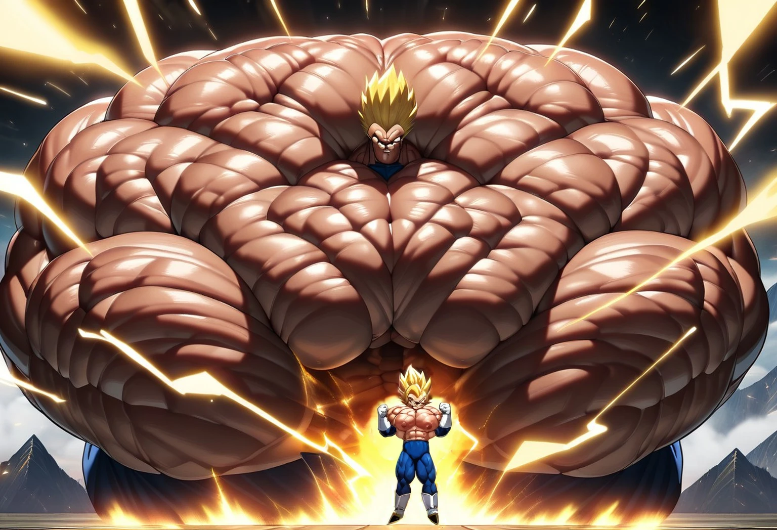 1boy, Vegeta, from Dragon Ball Z, masterpiece, best quality, very aesthetic, absurdres, saiyan, green eyes, spiked hair, (yellow hair:1.5), shirtless, blue skintight pants, white gloves, (huge muscles:2.5), dragonballartstyle, in the style of Akira Toriyama, white tiled floor, outdoors, flat-top mountains, nipples, yellow aura, electricity, (remove covered part:2)