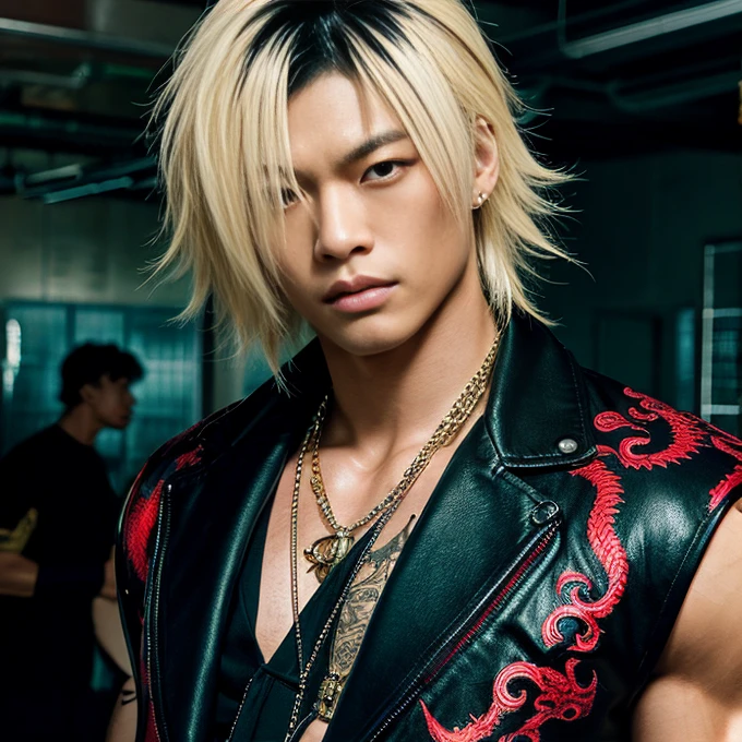 1 man, Japanese man, male, Asian eyes, muscular, broad shoulders, dragon tattoos, hairstyle Visual Kei style, hair Visual Kei, black men's shirt and black pants, ultra detailed face, hyperrealistic, realistic representation, long hair, long hair, 30 years old, age 30 years, blond, blonde hair