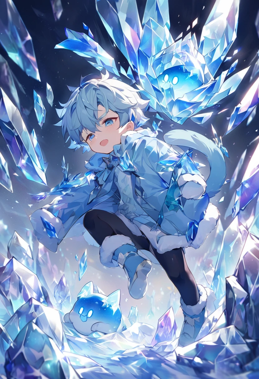 Little male cat,boy,There is a tail,cute,Thin,struggle,Everlasting,Crystallization,Feet turned into crystal,Hands turn into crystal,Crystal Spread Feet,Crystal feet,Crystal hands,illumination,freeze,Feet are frozen,charming,boys ,BlueCrystal feet,Wear Tight Fit Clothes,plastic,Full body portrait,smooth,Full body tight fit,Thin,Light blue gel coat,Full body gel coat,outdoor,Naked,Small pants,Tight Fit,No clothes