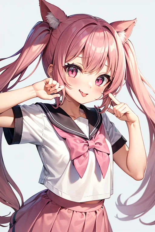 a cute girl with twin tails, pink wavy hair, cat-like eyes, mischievous expression, sailor uniform, slightly flat chest, tongue out, ribbon