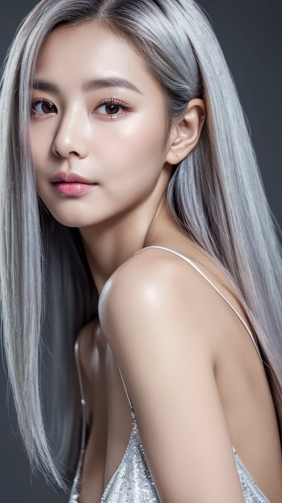 ((Top quality, masterpiece, 8K, best image quality, ultra-high resolution), TWICE tzuyu, Korean beauty, silver hair, long hair, small face, fair skin, narrow eyes, slanted eyes, slender, big breasts, sex appeal, lustrous, mature