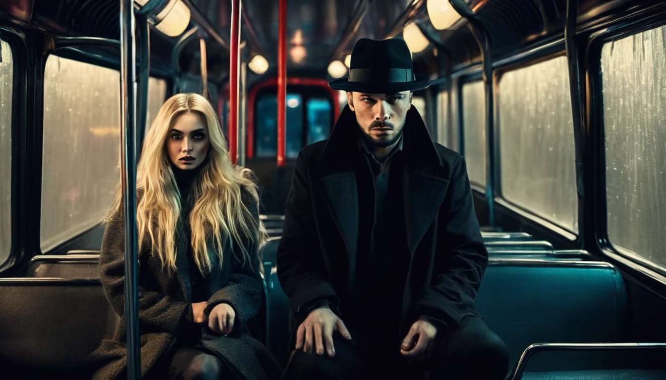 Man with scary look, black hat, black overcoat, pact towards the exhausted blonde woman sitting inside the bus. Dark and scary weather at night