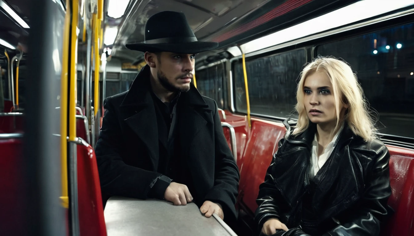 Man with scary look, black hat, black overcoat, pact towards the exhausted blonde woman sitting inside the bus. Dark and scary weather at night