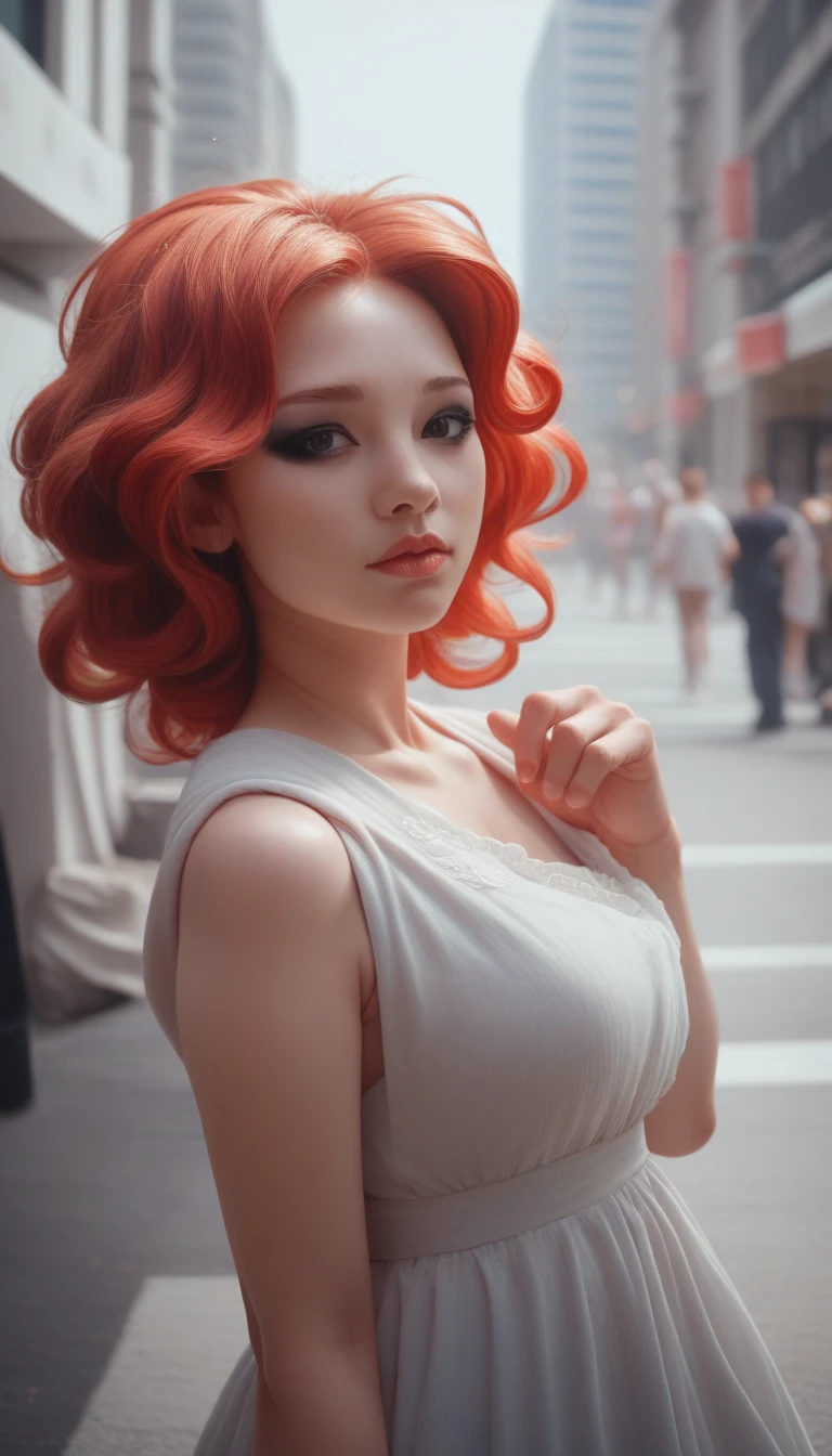 score_9_up, score_8_up, score_7_up, score_6_up,beautiful girl, Half-length portrait, Short messy bright red hair, Black eyeshadow, (Street Style Clothing:1.2), (City background:1.2), Dark Makeup, The art of math, Popular on artstation, highly detailed, Fine details, complex,  beautiful detailed glow, detailed, light, high resolution, detailed facial features,Clear focus, Smooth, Aesthetic,