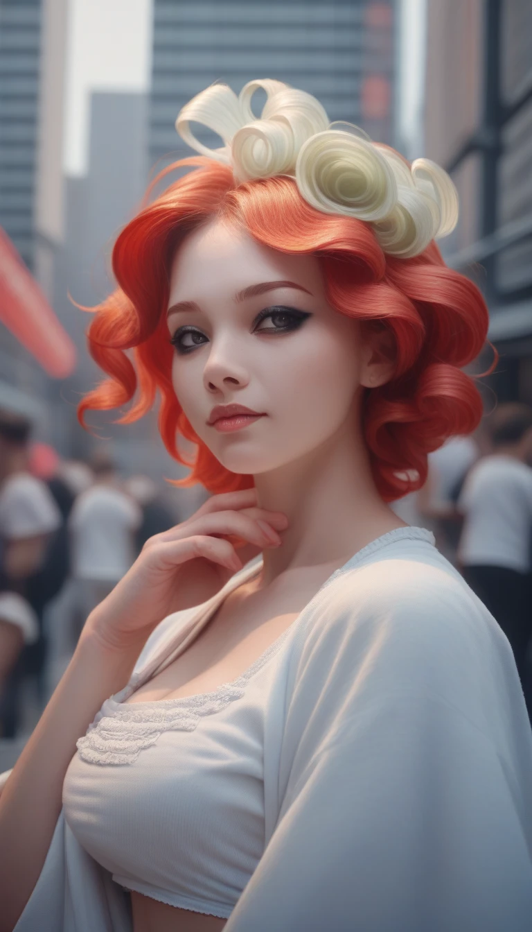 score_9_up, score_8_up, score_7_up, score_6_up,beautiful girl, Half-length portrait, Short messy bright red hair, Black eyeshadow, (Street Style Clothing:1.2), (City background:1.2), Dark Makeup, The art of math, Popular on artstation, highly detailed, Fine details, complex,  beautiful detailed glow, detailed, light, high resolution, detailed facial features,Clear focus, Smooth, Aesthetic,