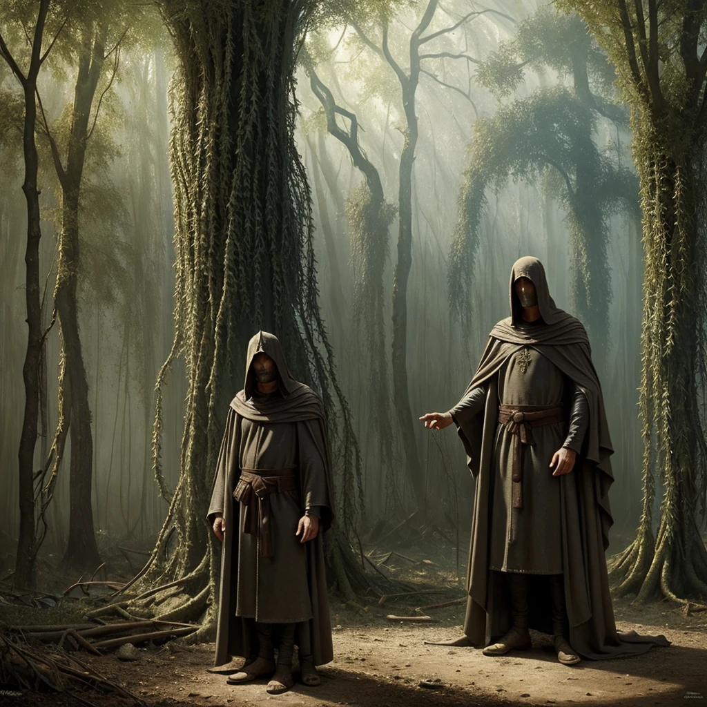 Magician dressed like a Crusader (dirty crusader's robe), we see him beside strange tree mysterious, complex, meticulous, impressionism, seb mckinnon, surrealism, post-impressionism, seb mckinnon, digital painting, detailed