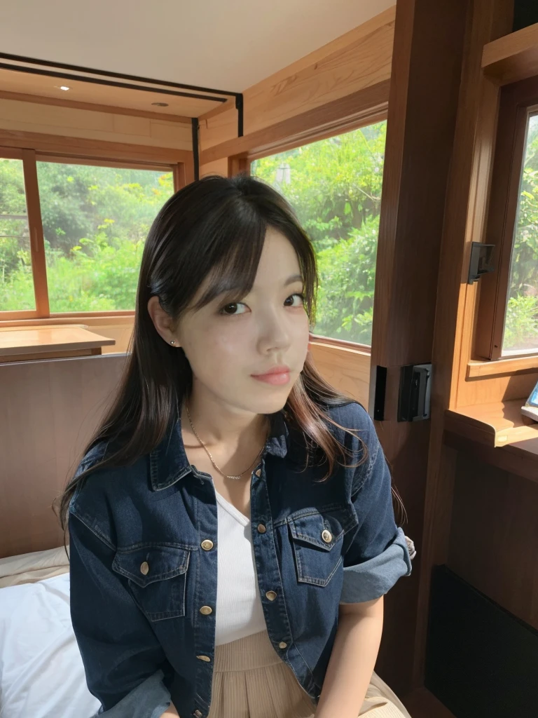beautiful, The perfect young Japanese idol, detailed feature, Includes delicate eyes, Perfect Skin, And a captivating smile. She has been a long time, With wavy light brown hair、She is wearing a black camisole and stylish ensemble.。, white cropped sweater, Gradient denim skirt. beautiful海岸を背景にしたシーン, Captured with the highest quality and photo-realistic accuracy, Showcasing great lighting and attention to detail.