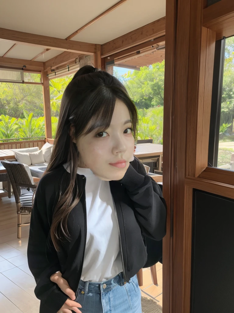 beautiful, The perfect young Japanese idol, detailed feature, Includes delicate eyes, Perfect Skin, And a captivating smile. She has been a long time, With wavy light brown hair、She is wearing a black camisole and stylish ensemble.。, white cropped sweater, Gradient denim skirt. beautiful海岸を背景にしたシーン, Captured with the highest quality and photo-realistic accuracy, Showcasing great lighting and attention to detail.
