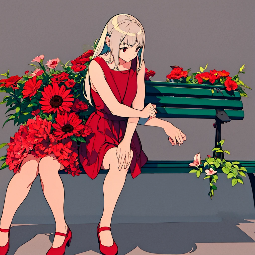 Light gray background Red flower Girl sitting on a bench simple