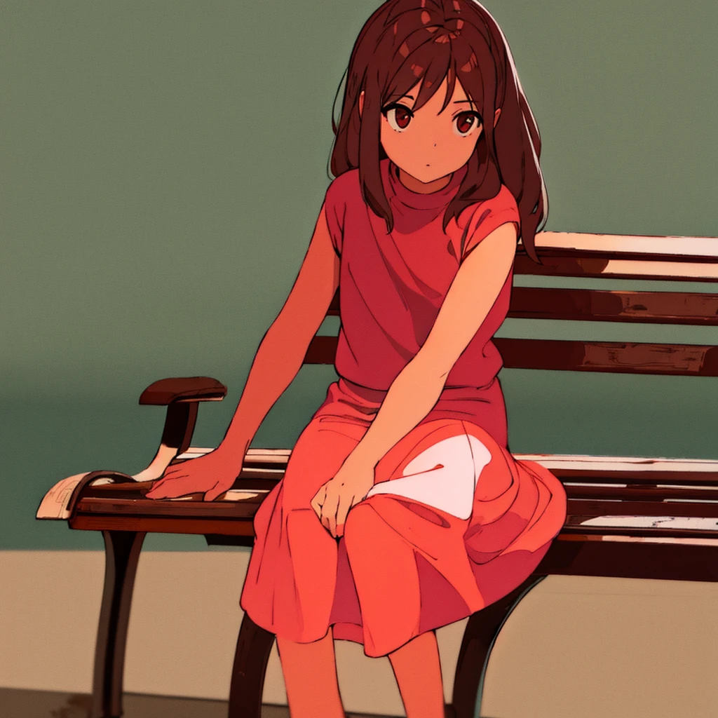 Light gray background　Red flower　Girl sitting on a bench　simple　