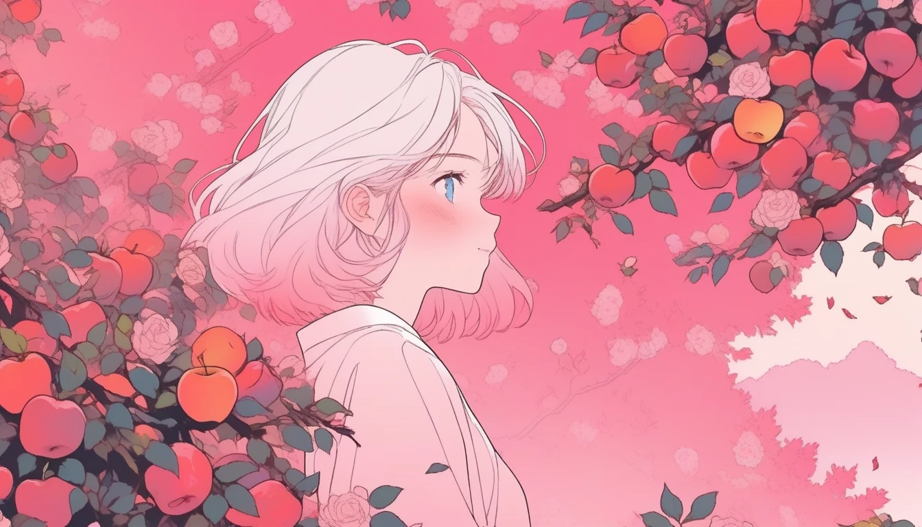 ilustrador, Japanese cartoons , Practical ,sketch , 1 Boy, ,lips, Order, Light blue gradient background, There are many apples on the rose trees around,Neon hair,Texture cropping, Canada, (In the flowers,best quality),16:9 Landscape screen,