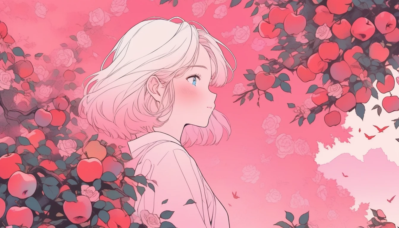ilustrador, Japanese cartoons , Practical ,sketch , 1 Boy, ,lips, Order, Light blue gradient background, There are many apples on the rose trees around,Neon hair,Texture cropping, Canada, (In the flowers,best quality),16:9 Landscape screen,