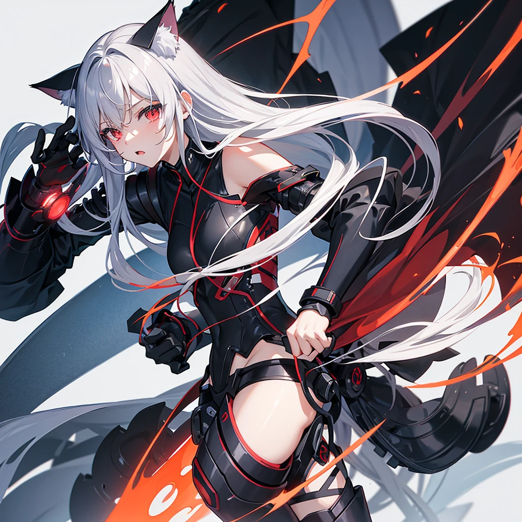 Anime style cat ears girl（Cat ears）Please draw。彼女はredいアクセントのある猫耳をしています。redと白のロングスカートのドレス着ています。On her whole body、red、black、It has a large mechanical arm with blue highlights.、Looks like a piece of combat gear。Her hair is silver。Her eyes are slanted。You are in battle with a powerful enemy。I&#39;m desperate.。I have an injured right arm。Show the whole body。She is lying on her back, throwing her whole body out.。In the dilapidated ruins。右目にredい淵のblackい眼帯をつけています。With his eyes closed, he was breathing heavily in his sleep.。