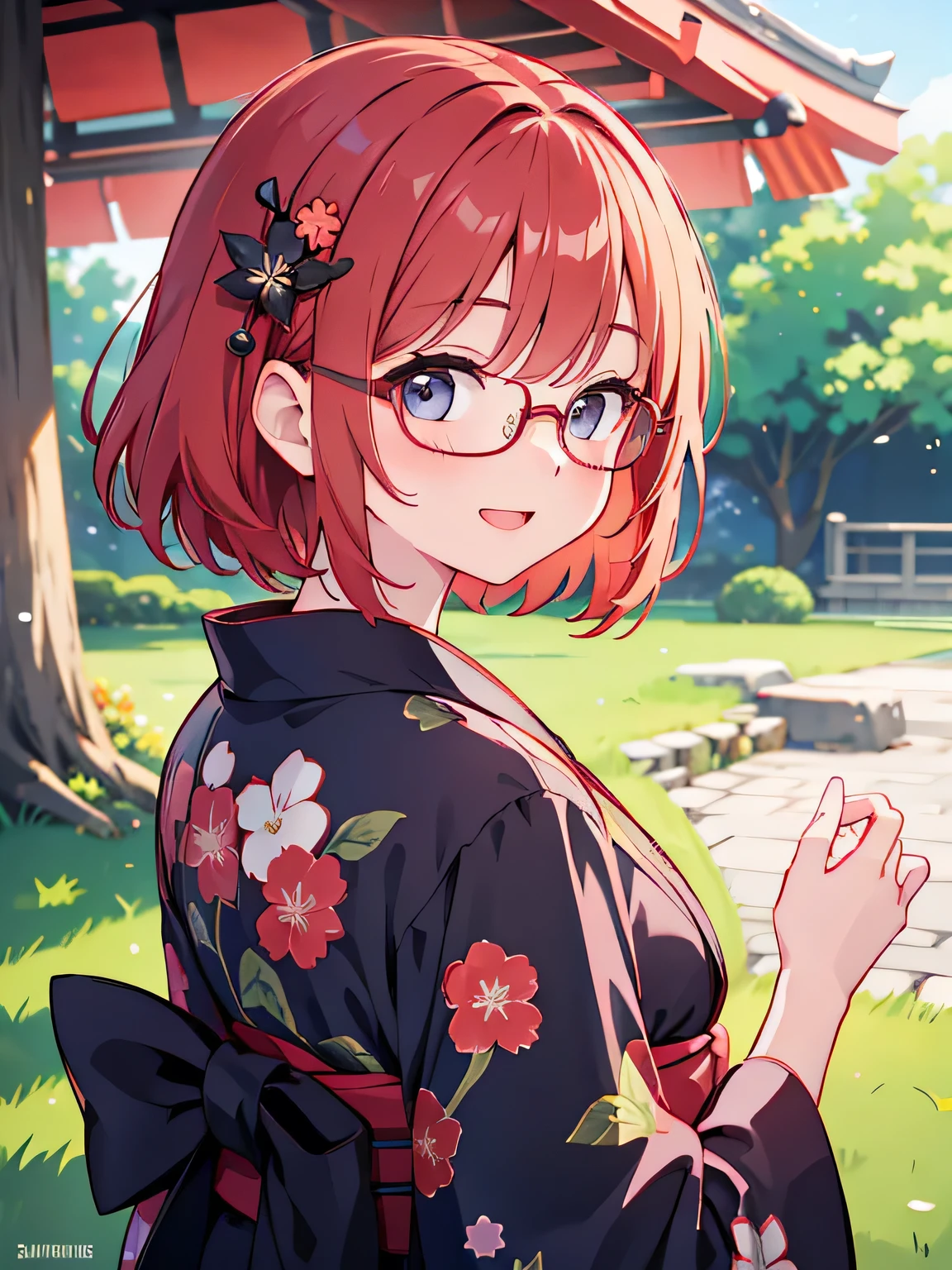 cute、Redhead、short hair、Japanese、Staring at this、Fleeting、masterpiece、Vivid、Black yukata、Laughter、kind、turn around，summer，hair ornaments，Glasses，1 person，Upper Body