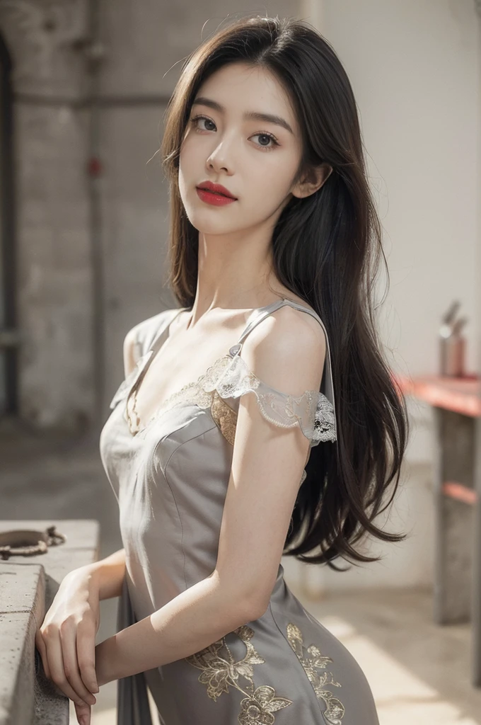 (((best quality))),(((ultra detailed))),(((masterpiece))),illustration,((1 beautiful girl,solo)),((slim,thin)),((small breasts,flat chest)),(shoulder length straight hair:1.2),summer afternoon,((unfinished concrete room,alluring,gray walls)),(short sleeves:1.2),(black lace dress:1.3),(seductive,elegant,full bosom,fair skin,golden strands,delicate features,deep brown eyes,mischief,mystery,enchanting smile,vibrant red lips,serene beauty,self-assuredness,industrial ambiance,raw cement walls,exposed pipes,sexuality,allure,refined beauty,compelling visual narrative,seductive gaze,elegant posture,industrial backdrop,lasting impression,((standing,from front,close-up of face))