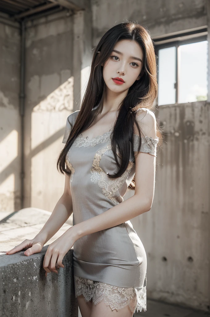 (((best quality))),(((ultra detailed))),(((masterpiece))),illustration,((1 beautiful girl,solo)),((slim,thin)),((small breasts,flat chest)),(shoulder length straight hair:1.2),summer afternoon,((unfinished concrete room,alluring,gray walls)),(short sleeves:1.2),(black lace dress:1.3),(slender legs:1.2),(seductive,elegant,full bosom,fair skin,golden strands,delicate features,deep brown eyes,mischief,mystery,enchanting smile,vibrant red lips,serene beauty,self-assuredness,industrial ambiance,raw cement walls,exposed pipes,sexuality,allure,refined beauty,compelling visual narrative,seductive gaze,elegant posture,industrial backdrop,lasting impression,((standing,from front,upper body))
