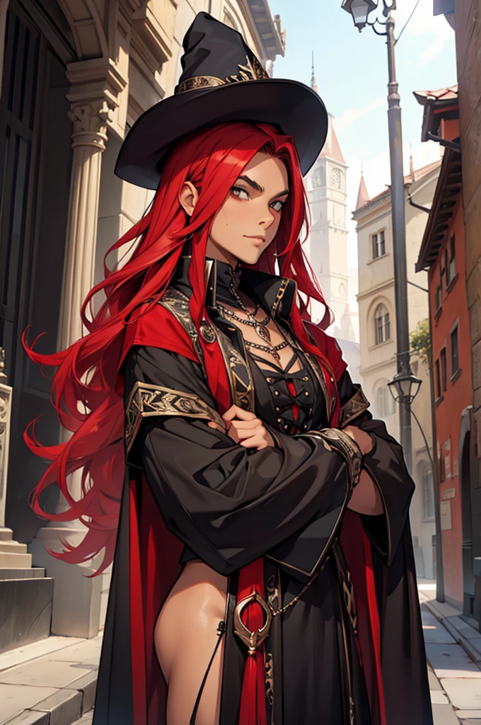 Wizard, skin tanned, latino, vestimentas, Gothic, red long hair, fashion, lo fashion, fully body, skinny