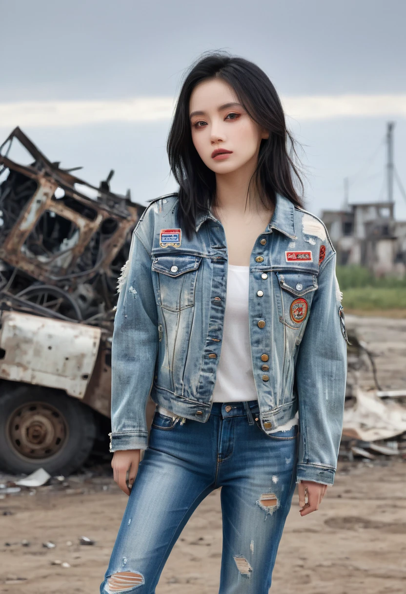 4D hyper realistic image about a beautiful girl with shoulder length black hair, casual clothes and a shabby jacket, tattered jeans, In a distant future, power has run out and the old machines of war are left to rot, cloudy atmosphere 