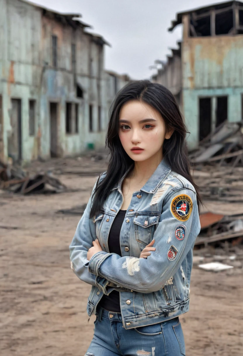 4D hyper realistic image about a beautiful girl with shoulder length black hair, casual clothes and a shabby jacket, tattered jeans, In a distant future, power has run out and the old machines of war are left to rot, cloudy atmosphere