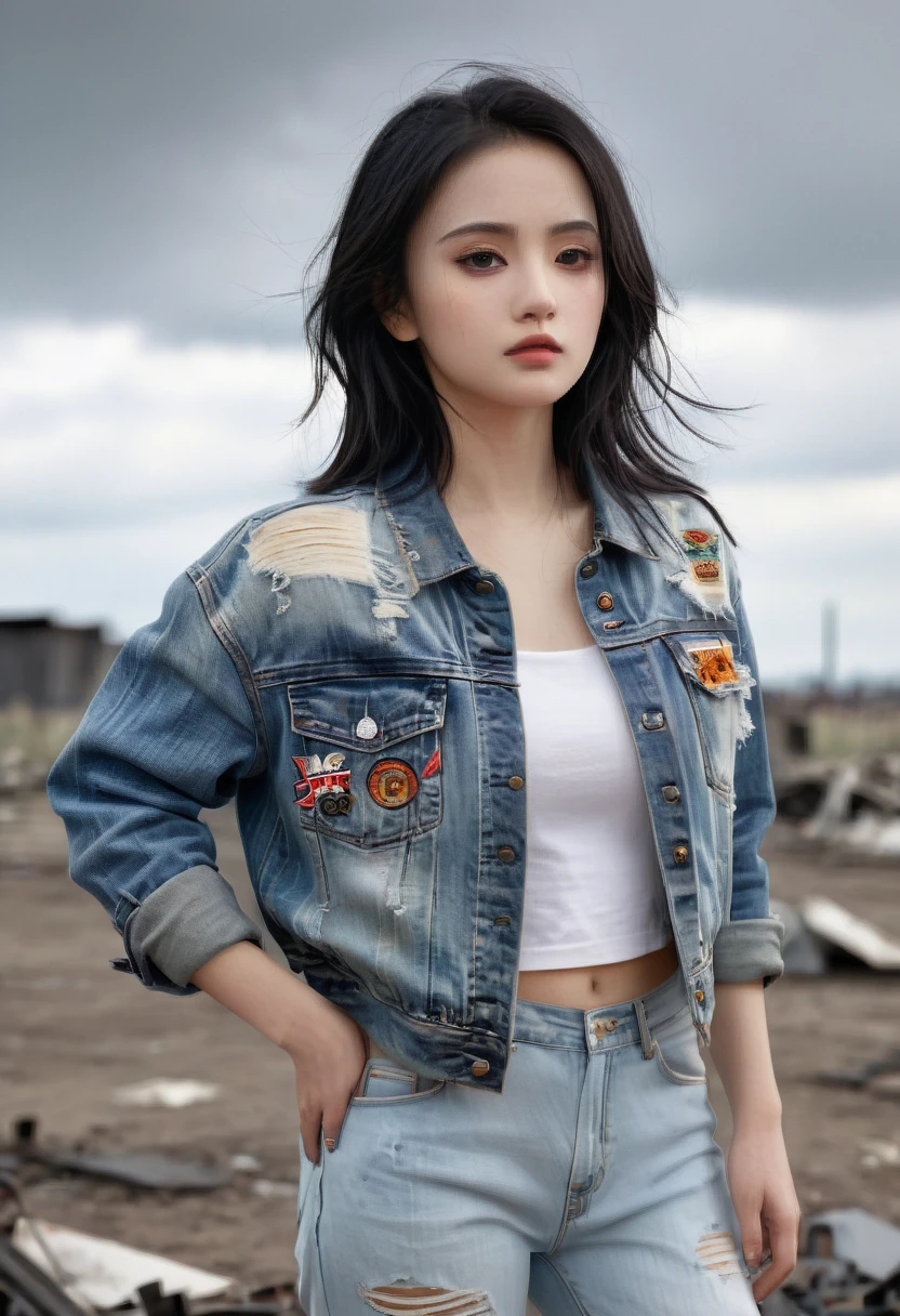 4D hyper realistic image about a beautiful girl with shoulder length black hair, casual clothes and a shabby jacket, tattered jeans, In a distant future, power has run out and the old machines of war are left to rot, cloudy atmosphere 