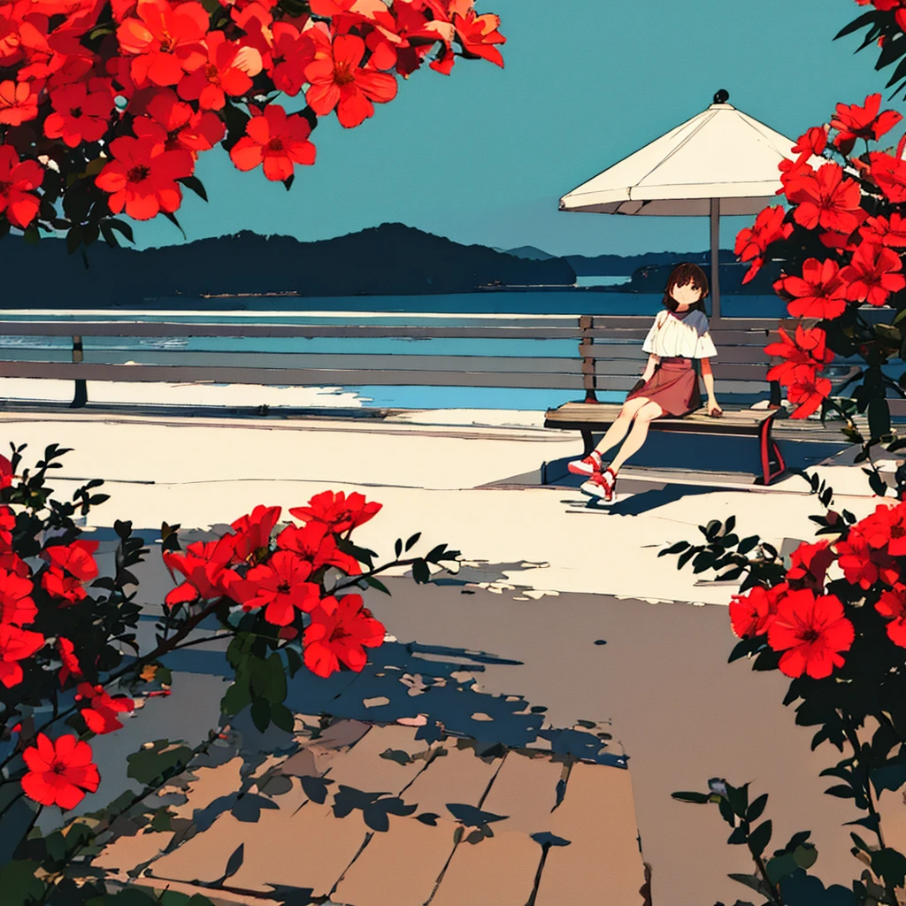 Light gray background Red flower Girl sitting on a bench simple