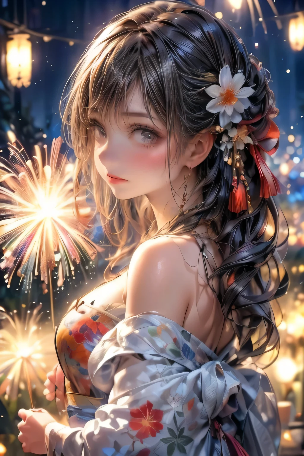 middle , a cute girl in a pretty yukata, bare shoulders, strapless, bright eyes, sparkling pupils, beautiful detailed eyes, beautiful detailed lips, extremely detailed face, long , awe and wonder expression, a cute drawstring bag, large burst of willow fireworks in the summer night sky, (best quality,4k,8k, highres, masterpiece: 1.2), ultra-detailed, (realistic, photorealistic, photo-realistic: 1.37), studio lighting, vivid colors, bokeh, 
