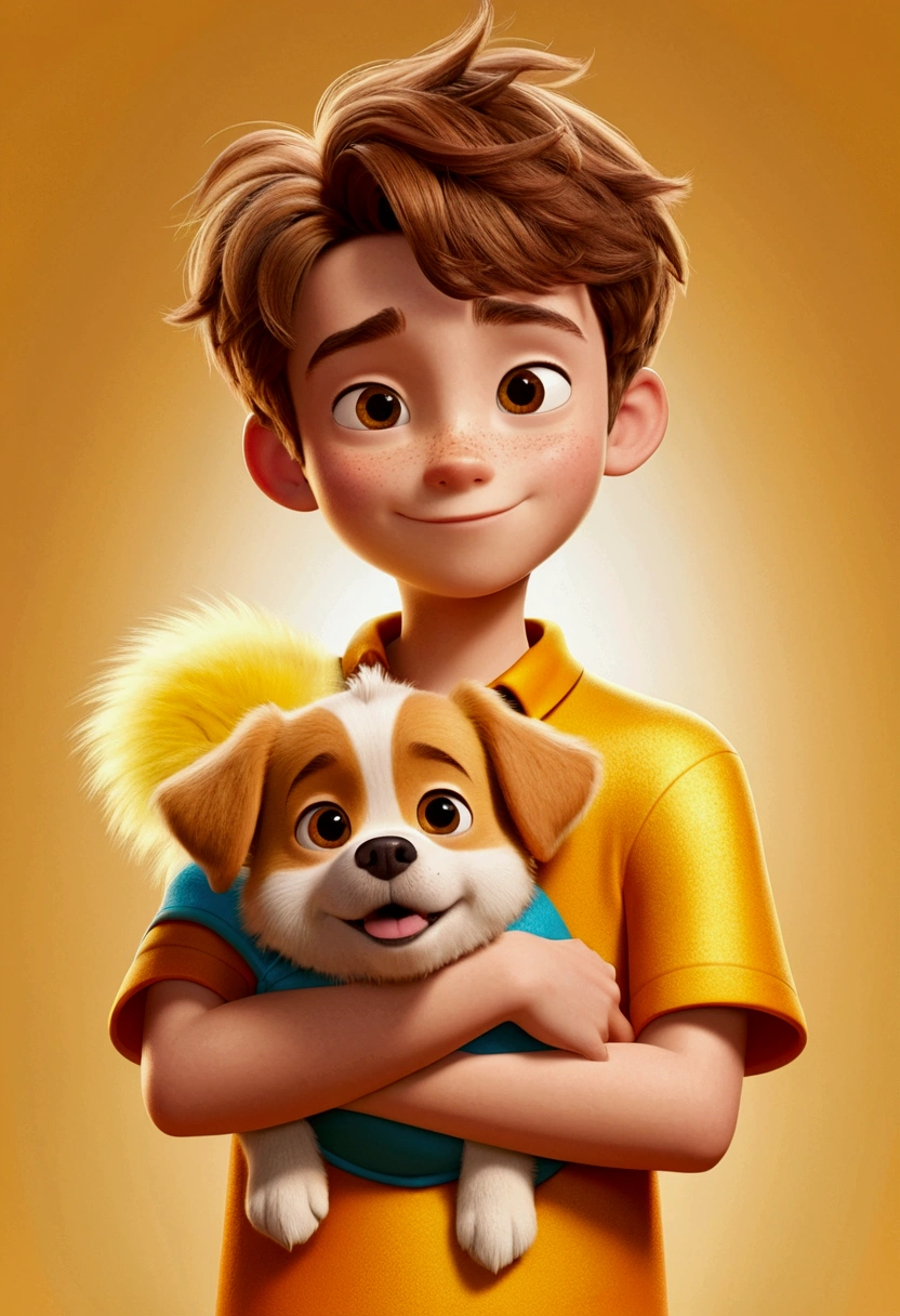 16k asymmetrical boy, disney pixar style, 3d, animated cartoon, fluffly, shiny colors, short light brown hair, skin fair, short sleeve orange shirt, details Intricate, hugging your yellow puppy, dog with all yellow fur, glad