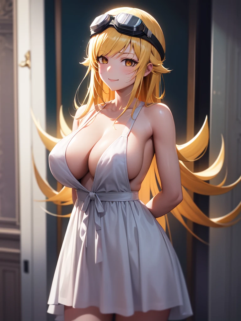 oshinoshinobu, oshinoshinobu, Helmet, goggles, Strap slip, goggles on head, 8k, masterpiece, Absurd, anime, Long Hair, bangs, blunt bangs, (Vermilion eyes:1.1), Blonde, smile, break looking at viewer, (Cowboy Shot:1.5), break (masterpiece:1.2), Highest quality, High resolution, unity 8k wallpaper, (figure:0.8), (Beautiful attention to detail:1.6), Highly detailed face, Perfect lighting, Highly detailed CG, (Perfect hands, Perfect Anatomy), (3D Face:1.1), (Shiny skin:1.5), (超High resolution intricate face details), (Facial skin pores:1.3), 超High resolution cloth texture, 大きなsmile, Blushing, Open your mouth, Showing off her perfect legs, armpit:1.6, arms behind back, White Dress, mansion bedroom, In the middle of the night, Moonlight, Lying in bed:1.5, Huge breasts