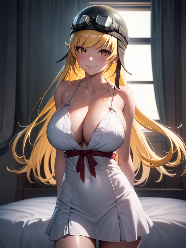 oshinoshinobu, oshinoshinobu, Helmet, goggles, Strap slip, goggles on head, 8k, masterpiece, Absurd, anime, Long Hair, bangs, blunt bangs, (Vermilion eyes:1.1), Blonde, smile, break looking at viewer, (Cowboy Shot:1.5), break (masterpiece:1.2), Highest quality, High resolution, unity 8k wallpaper, (figure:0.8), (Beautiful attention to detail:1.6), Highly detailed face, Perfect lighting, Highly detailed CG, (Perfect hands, Perfect Anatomy), (3D Face:1.1), (Shiny skin:1.5), (超High resolution intricate face details), (Facial skin pores:1.3), 超High resolution cloth texture, 大きなsmile, Blushing, Open your mouth, Showing off her perfect legs, armpit:1.6, arms behind back, White Dress, mansion bedroom, In the middle of the night, Moonlight, Lying in bed:1.5, Huge breasts