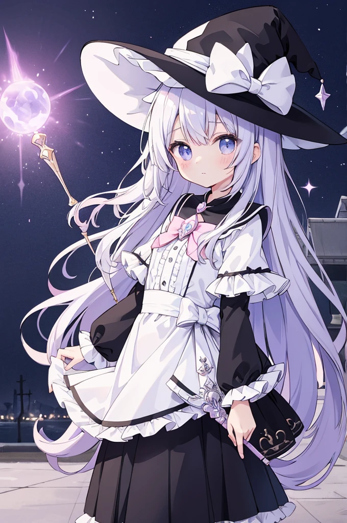 hair、cute、Magical girl、Witch Hat、Black and white clothes、Frills、In front of the house、Magic wand、high quality
