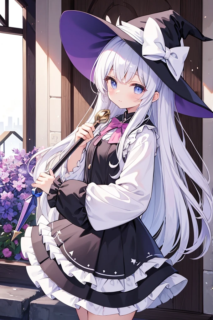 hair、cute、Magical girl、Witch Hat、Black and white clothes、Frills、In front of the house、Magic wand、high quality