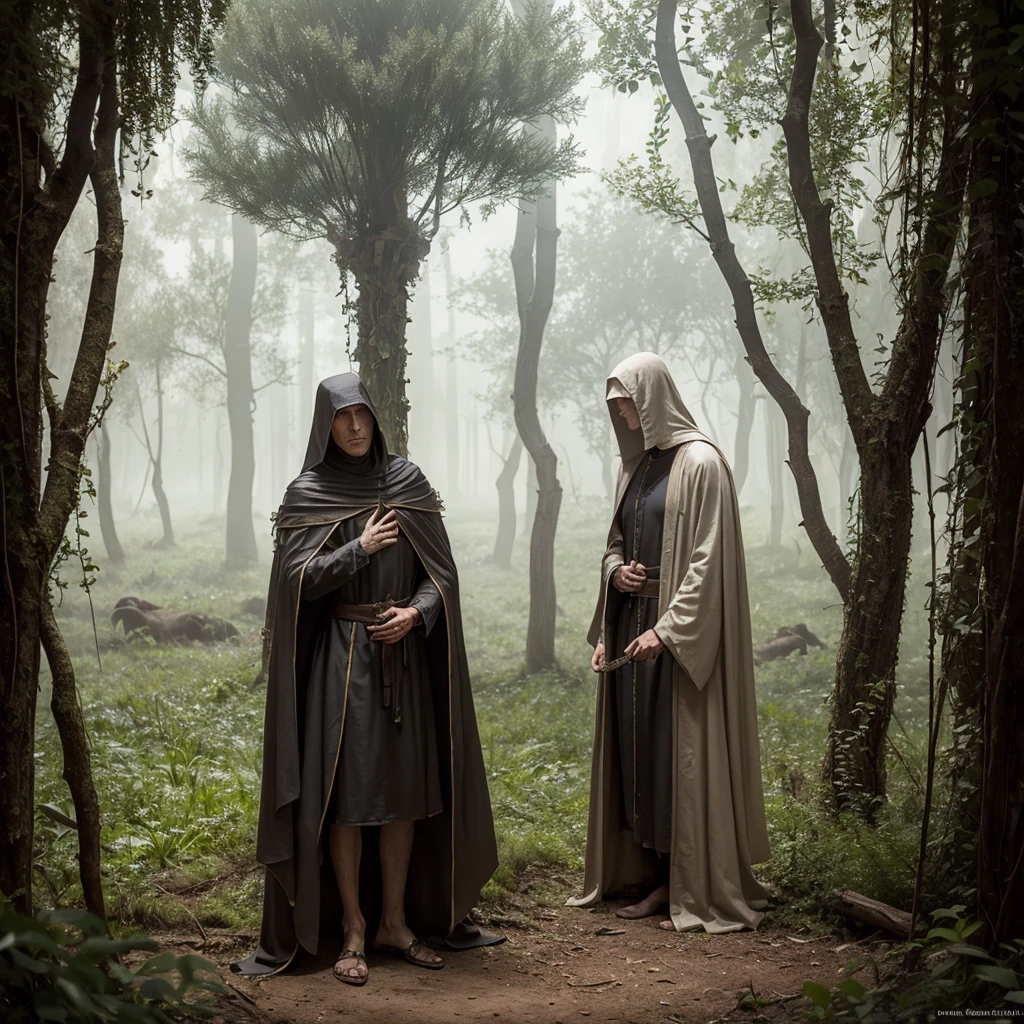 Magician dressed like a Crusader (dirty crusader's robe), we see him beside strange tree mysterious, complex, meticulous, impressionism, seb mckinnon, surrealism, post-impressionism, seb mckinnon, digital painting, detailed