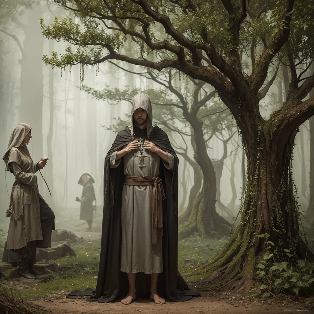 Magician dressed like a Crusader (dirty crusader's robe), we see him beside strange tree mysterious, complex, meticulous, impressionism, seb mckinnon, surrealism, post-impressionism, seb mckinnon, digital painting, detailed