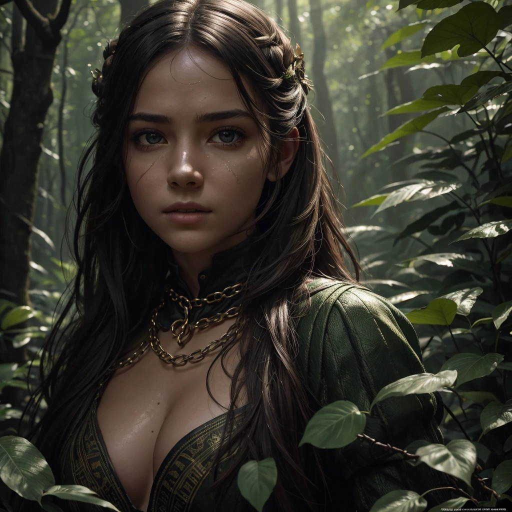 dark tawny brown skin color, delicate and detailed face, thin young woman looking up, (magic forest background), redish gold long and curly brown hair, green eyes, fairy and flowers, wild flowers blending into hair, medieval ranger outfit, full body, cover, choker, hyperdetailed painting, luminism, Bar lighting, complex, 4k resolution concept art portrait by Greg Rutkowski, Artgerm, WLOP, Alphonse Mucha, little fusion pojatti realistic goth, fractal isometrics details bioluminescens : a stunning realistic photograph 18 years