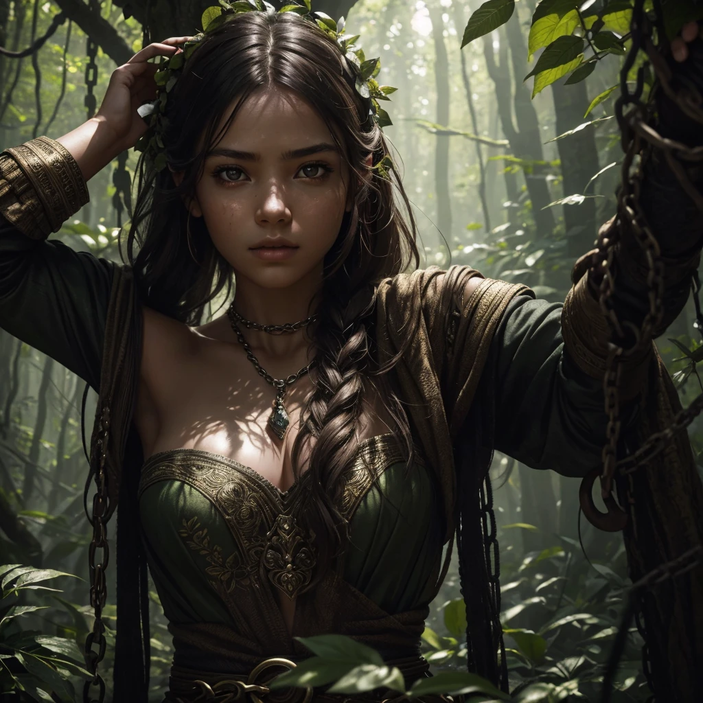 A beautiful, young girl bound to a tree by chains, her expression a mix of fear and defiance, sunlight filtering through the leaves casting intricate shadows on her face, detailed skin texture, detailed clothing folds, lush forest background, cinematic lighting, photorealistic, 8k, highly detailed