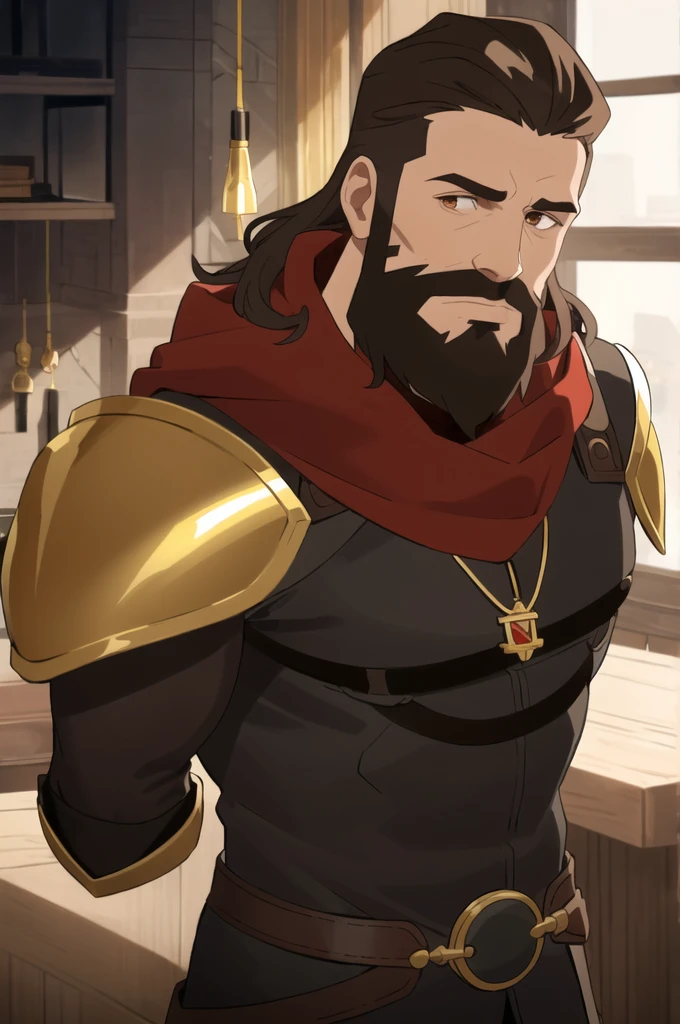 indoors, laboratory, detailed background,
1boy, handsome, male focus, solo, portrait, upper body, beard, brown hair, brown eyes, red scarf, leather armor, pendant, jewelry, black stone,
, ((masterpiece))
