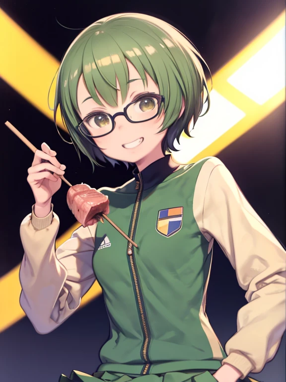 One Girl、Persona、Chie Sato、Chie Sato、short hair、Brown Hair、Glasses、Green Tracksuit、Yellow round badge、Pleated skirt、hort spats、((Grin))、Watching the audience、Upper Body、holding a skewer with meat on it、barbecue、Dynamic pose、