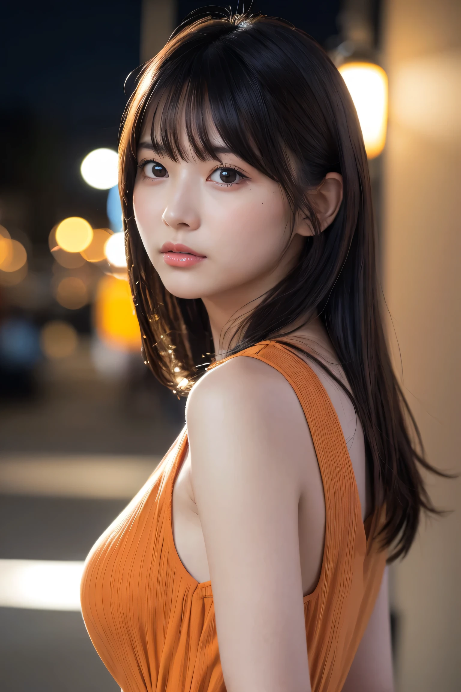 masterpiece、1 beautiful girl、Detailed eyes、Puffy eyes、Highest quality, 超High resolution, (Reality: 1.4), Cinema Lighting、Japanese、Asian Beauty、Korean、Super Beauty、Beautiful Skin、Slender、Body facing forward、(Surreal)、(High resolution)、(8k)、(Very detailed)、(Beautiful and detailed eyes)、(Ultra-detailed)、 (wallpaper)、Detailed face、Bright lighting、Professional Lighting、View your viewers、Look straight ahead、The outfit is a clean light orange shirt and dress.....、46 point diagonal bangs、Night Scenery、Brown Hair、Nogizaka Idol、Korean Idol、Gravure idol pose、、Age 25、expensive,