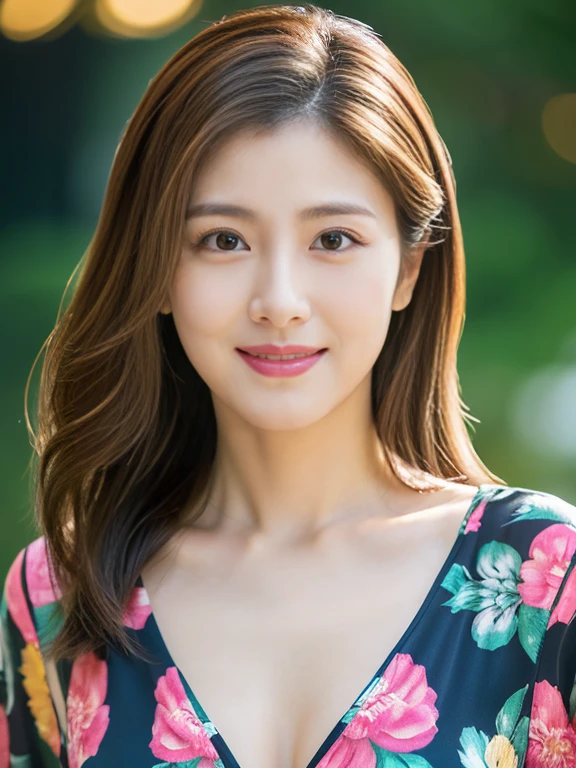 (Raw Photo), (Photorealsitic), (Masterpiece), (Best Quality), High Resolution, 8K, (Intricate Details), (Voluminous Light), Portrait, Female, 35 Years Old, Medium Hair, middle breasts cleavage, layered hair, brown hair, very fine eyes, source order, very fine eyebrows, very fine skin, very fine mouth, very fine nose, cute like an idol, happy smile, (thick lips), (looking at the viewer), (sexy elegant colorful blouse), (full body shot),
