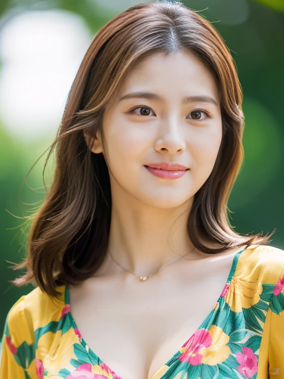 (Raw Photo), (Photorealsitic), (Masterpiece), (Best Quality), High Resolution, 8K, (Intricate Details), (Voluminous Light), Portrait, Female, 35 Years Old, Medium Hair, middle breasts cleavage, layered hair, brown hair, very fine eyes, source order, very fine eyebrows, very fine skin, very fine mouth, very fine nose, cute like an idol, happy smile, (thick lips), (looking at the viewer), (sexy elegant colorful blouse), (full body shot),
