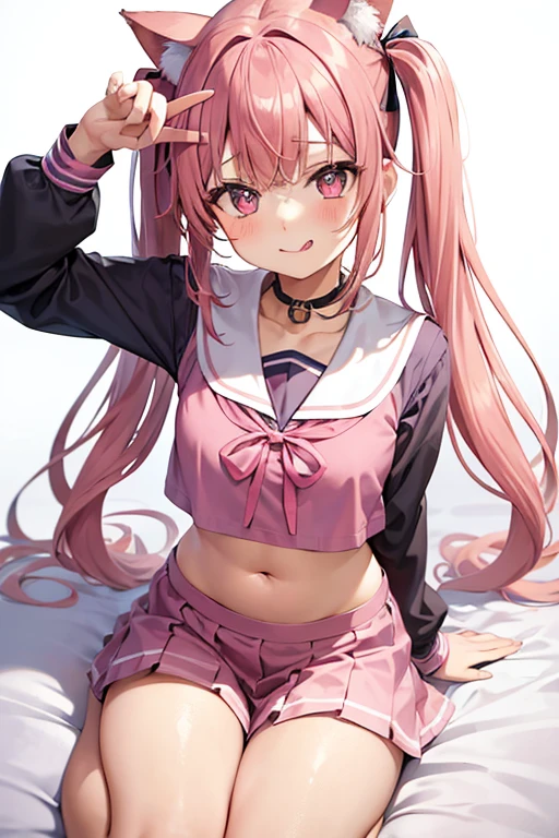 a cute girl with twin tails, pink wavy hair, cat-like eyes, mischievous expression, wearing a sailor uniform, slight chest, sticking out tongue, ribbon