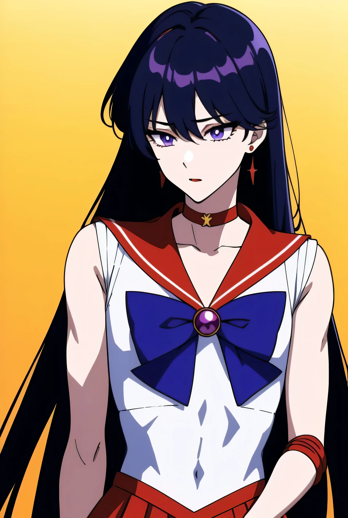 Top quality anime art、masterpiece、High definition anime art、4Kstyle、High resolution、Sailor Mars as a male hero、Anime Boys、Cool Anime Boys、Sex change、Sex change(Girl to boy)、Sailor Warrior Uniform、Hino Rei as boy、Male Body、solo、Red sailor collar、Blue bow tie、A boy with very long black hair、Flames around him、skirt、Magic Boy、Red choker、White leotard、High leg leotard、White Dress、traditional_stocking、fire、liparker_(medium)、Red Skirt、neck、Upper Body、burning、Elbow Handbags、Wearing makeup、manly atmosphere、jewelry、A golden circlet on the forehead、Glaring、White gloves、eyelash、Red lipstick、They are mocking me.、muscular man、Flame、Blue_bow、mini skirt、Pleated skirt、Bare shoulders、red_back_bow、Muscular and strong body、Blue_bow_tie、Earrings、Purple eyed boy、Dark eyed boy、multicolored_background、(male body:1.3)、covered_navel、Hymn to the King as a Prince、(1990s\(style\):0.9)、