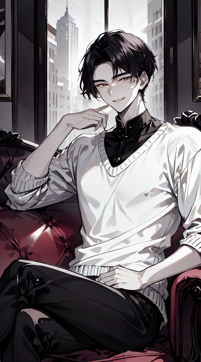a close-up portrait of a handsome 20-year-old Chinese man, sitting on a sofa, smiling, white skin, parted bangs, natural and highly detailed skin texture, glamorous, loose-fitting sweater, highly detailed