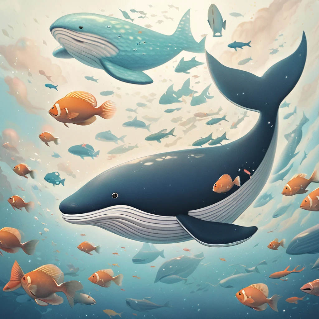 Surreal, imaginative, dreamy,fish Floating in air, (no humans),whale