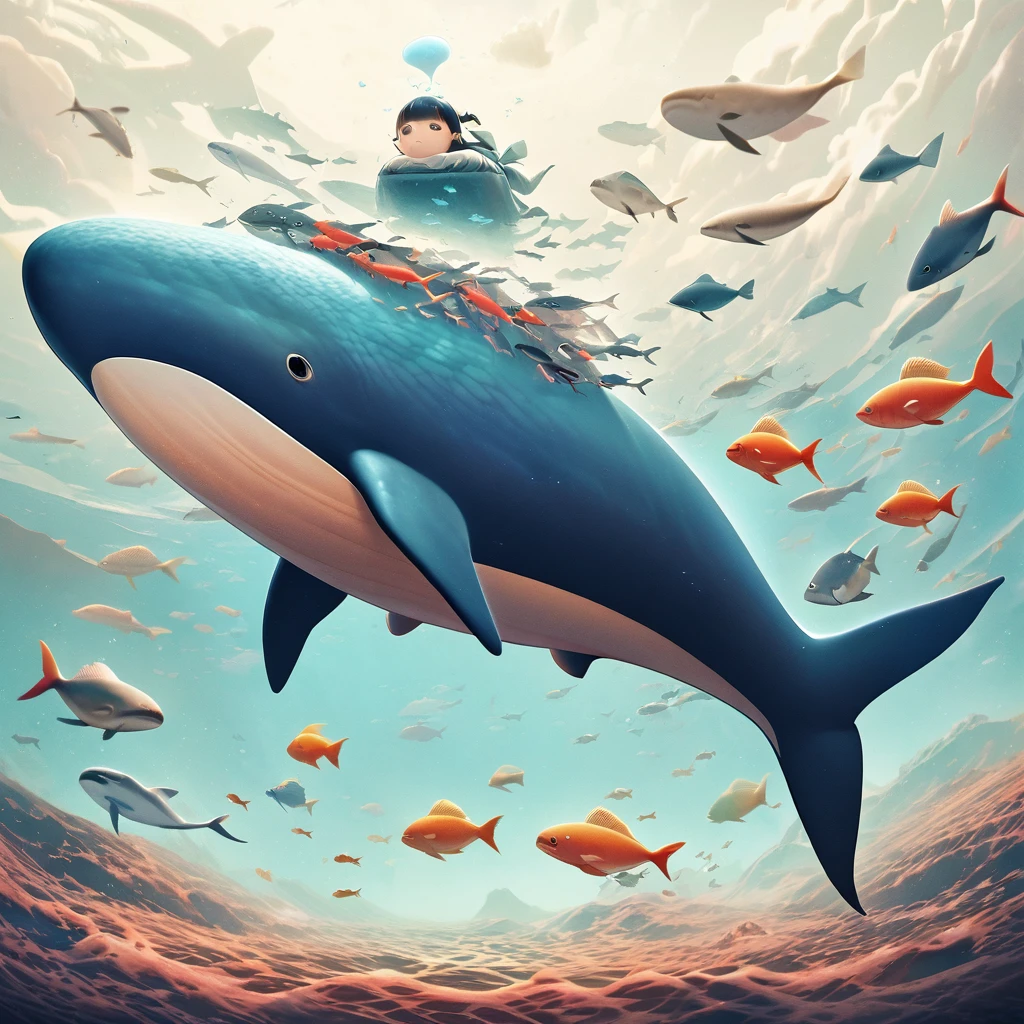 Surreal, imaginative, dreamy,fish Floating in air, (no humans),whale