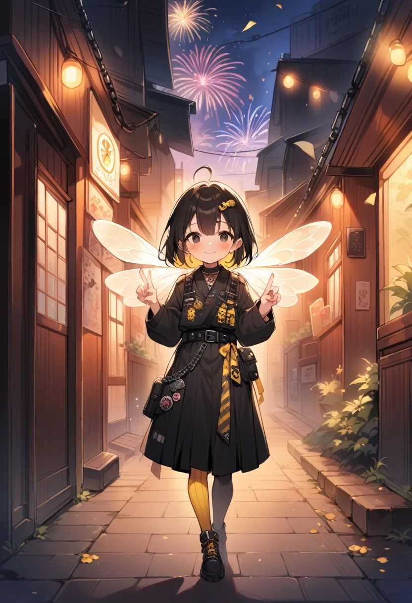 breathtalking Scenery, breathtalking Beauty, breathtalking Cute,scenery, (best quality, masterpiece:1.2), (ultra high quality:1.2),smooth soft skin, natural skin,watercolor,
BREAK
(hornet girl:1.4), bee girl,(little female child:1.3), (loli:1.3),6 years old, kawaii,baby face,tsurime, small breast, Phat ass,ultra cute face,oily skin, (bee antennae:1.3), (PVC material Extremely small bee wings:1.1), (bee wings:1.1),symmetry bee wings, puffy eyes,smile,
BREAK
(black hair:1.3),(black eyes:1.2),(yellow dip-dye hair:1.3),(yellow inner hair:1.1),short hair,ahoge, slanted eyes, (highlight on eyes:1.1),(nail_polish:1.1), peacesign,double peace,hand gesture
BREAK
(Japanese Style Coordination:1.1),belt buckle,(punk fashion:1.1), (punk hair:1.1), (lots of accessories:1.2), kimono inspired punk rock,hakama inspired punk rock,layer of clothes,(yellow striped black stockings:1.1),pierce,chain accessory,punk rock,
BREAK
fropm behind,behind shot,walking,facing viewer,Alley,fireworks,fireworks background,night,steam light effect,cinematic shadows,light sparkles,(blush:1.2),Confetti,Twinkle Star,smile,dust particles,dynamicangle,kawaii,outdoors,