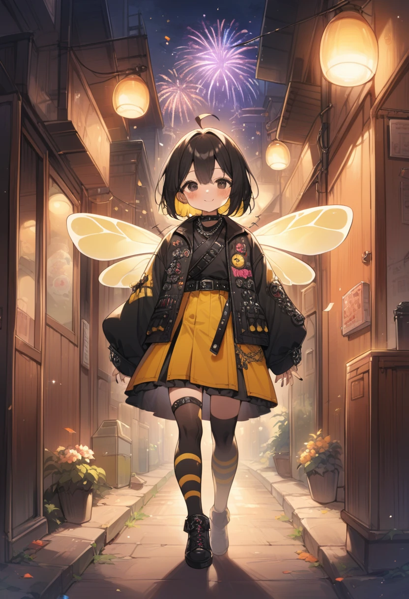 breathtalking Scenery, breathtalking Beauty, breathtalking Cute,scenery, (best quality, masterpiece:1.2), (ultra high quality:1.2),smooth soft skin, natural skin,watercolor,
BREAK
(hornet girl:1.4), bee girl,(little female child:1.3), (loli:1.3),6 years old, kawaii,baby face,tsurime, small breast, Phat ass,ultra cute face,oily skin, (bee antennae:1.3), (PVC material Extremely small bee wings:1.1), (bee wings:1.1),symmetry bee wings, puffy eyes,smile,
BREAK 
(black hair:1.3),(black eyes:1.2),(yellow dip-dye hair:1.3),(yellow inner hair:1.1),short hair,ahoge, slanted eyes, (highlight on eyes:1.1),(nail_polish:1.1), peacesign,double peace,hand gesture
BREAK
(Japanese Style Coordination:1.1),belt buckle,(punk fashion:1.1), (punk hair:1.1), (lots of accessories:1.2), kimono inspired punk rock,hakama inspired punk rock,layer of clothes,(yellow striped black stockings:1.1),pierce,chain accessory,punk rock, 
BREAK
fropm behind,behind shot,walking,facing viewer,Alley,fireworks,fireworks background,night,steam light effect,cinematic shadows,light sparkles,(blush:1.2),Confetti,Twinkle Star,smile,dust particles,dynamicangle,kawaii,outdoors,