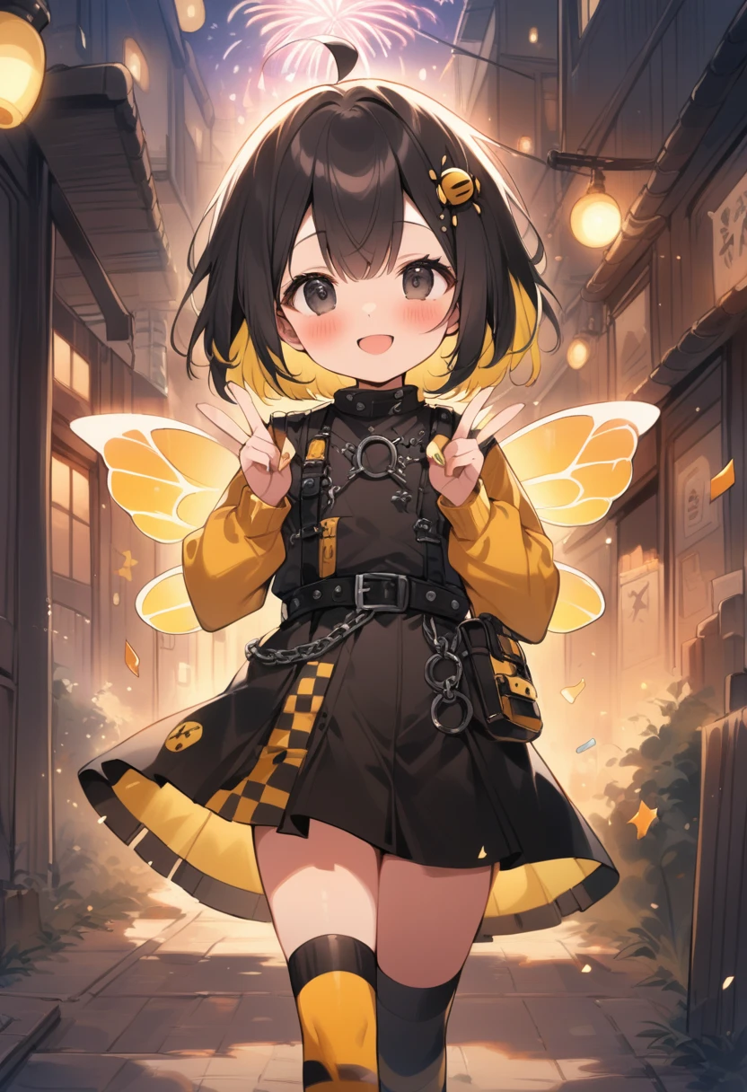 breathtalking Scenery, breathtalking Beauty, breathtalking Cute,scenery, (best quality, masterpiece:1.2), (ultra high quality:1.2),smooth soft skin, natural skin,watercolor,
BREAK
(hornet girl:1.4), bee girl,( female child: (loli:1.3),6ears old, ka face,tsurime, sma, Phat ass,ultra cute face,oily skin, (bee antennae:1.3), (PVC material Extremely small bee wings:1.1), (bee wings:1.1),symmetry bee wings, puffy eyes,smile,
BREAK 
(black hair:1.3),(black eyes:1.2),(yellow dip-dye hair:1.3),(yellow inner hair:1.1),short hair,ahoge, slanted eyes, (highlight on eyes:1.1),(nail_polish:1.1), peacesign,double peace,hand gesture
BREAK
(Japanese Style Coordination:1.1),belt buckle,(punk fashion:1.1), (punk hair:1.1), (lots of accessories:1.2), kimono inspired punk rock,hakama inspired punk rock,layer of clothes,(yellow striped black stockings:1.1),pierce,chain accessory,punk rock, 
BREAK
fropm behind,behind shot,walking,facing viewer,Alley,fireworks,fireworks background,night,steam light effect,cinematic shadows,light sparkles,(blush:1.2),Confetti,Twinkle Star,smile,dust particles,dynamicangle,kawaii,outdoors,