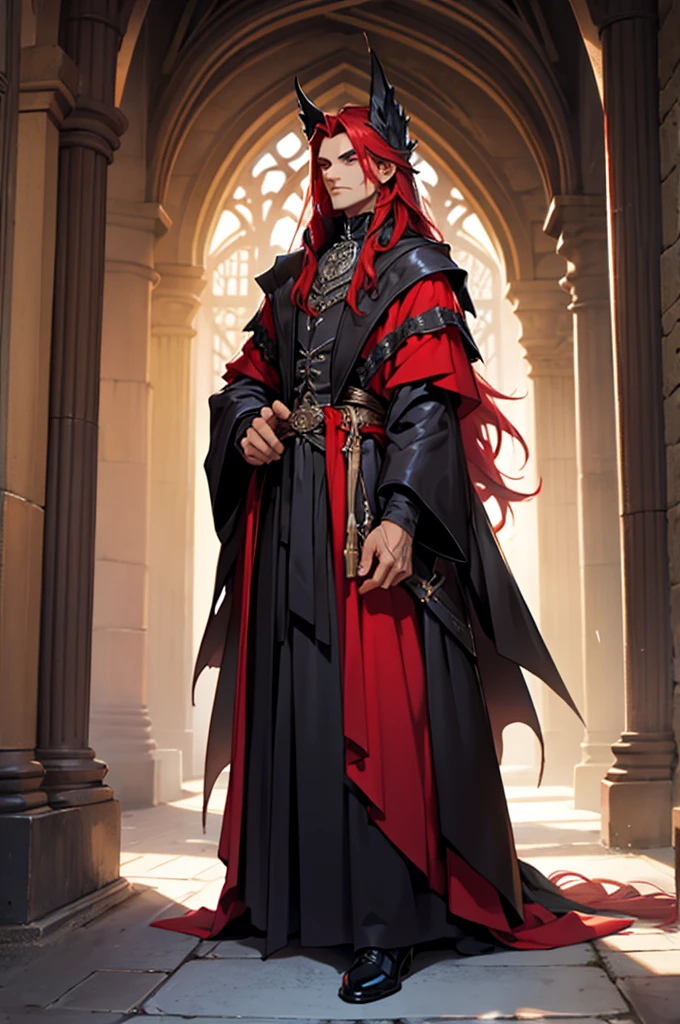full body, best quality masterpiece, male, looking at viewer, standing, looking straight at viewer, solo, blue eyes, suit, red hair, long hair, cross necklace, portrait Full Portrait, ((8k , RAW Photo, Highest Quality, Masterpiece), Professional Photo, (Best Shadow), Ultra High Resolution, Cinematic Lighting, High Detail CG 8K Wallpapers Included.