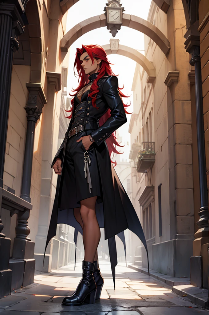 Wizard, skin tanned, latino, vestimentas, Gothic, red long hair, fashion, lo fashion, fully body, skinny